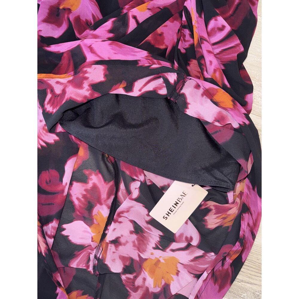 SHEIN BAE Curve NWT Black Pink Floral Ruched Midi Dress Cowl Neck Bodycon Party - Picture 5 of 11
